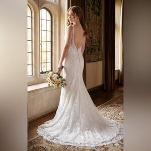 Lace Open Back V-Neck Wedding Gown in White | Perfect Wedding Dress